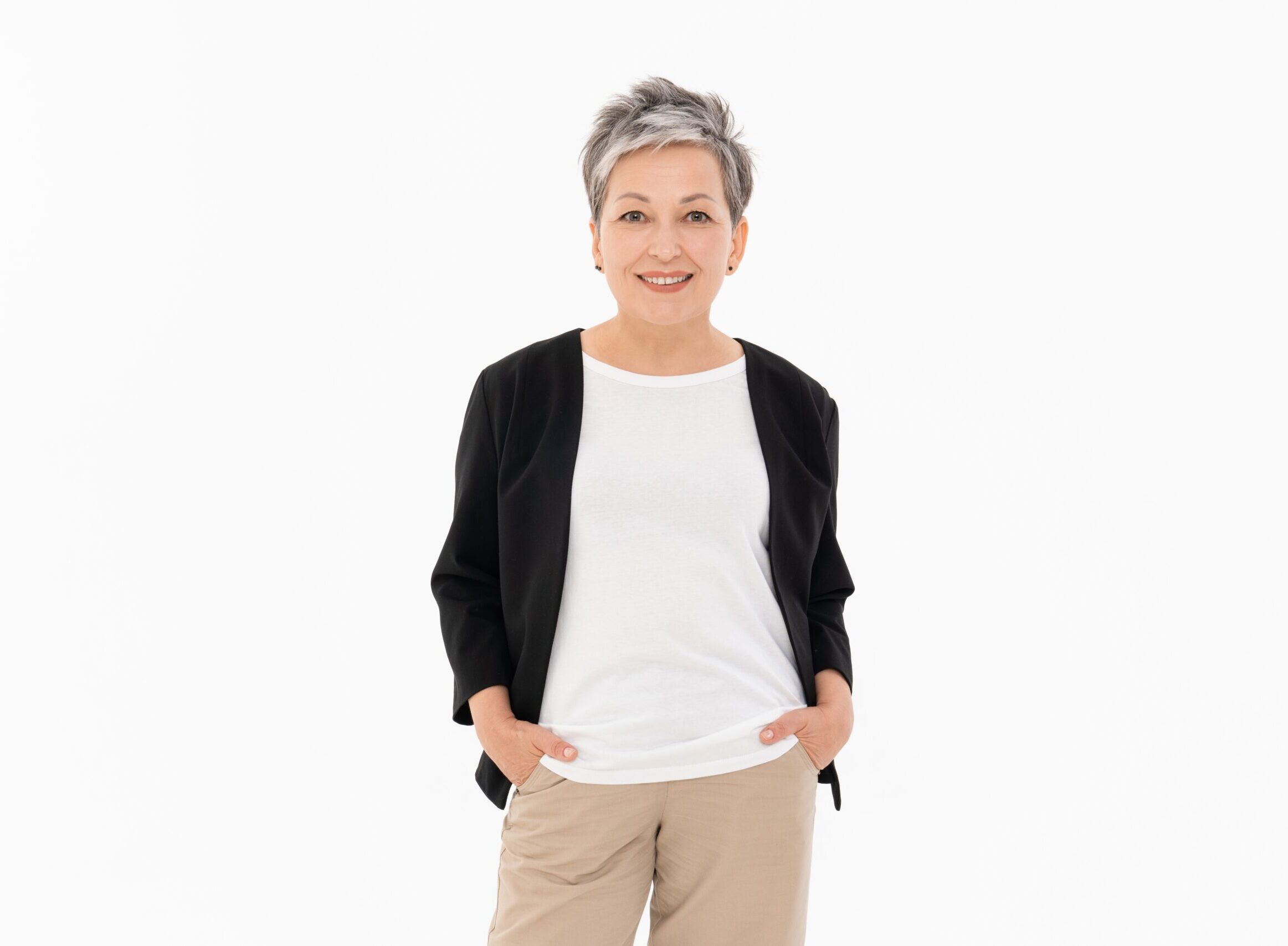 Smiling,Confident,Aged,Mature,Business,Woman,Standing,Isolated,On,White
