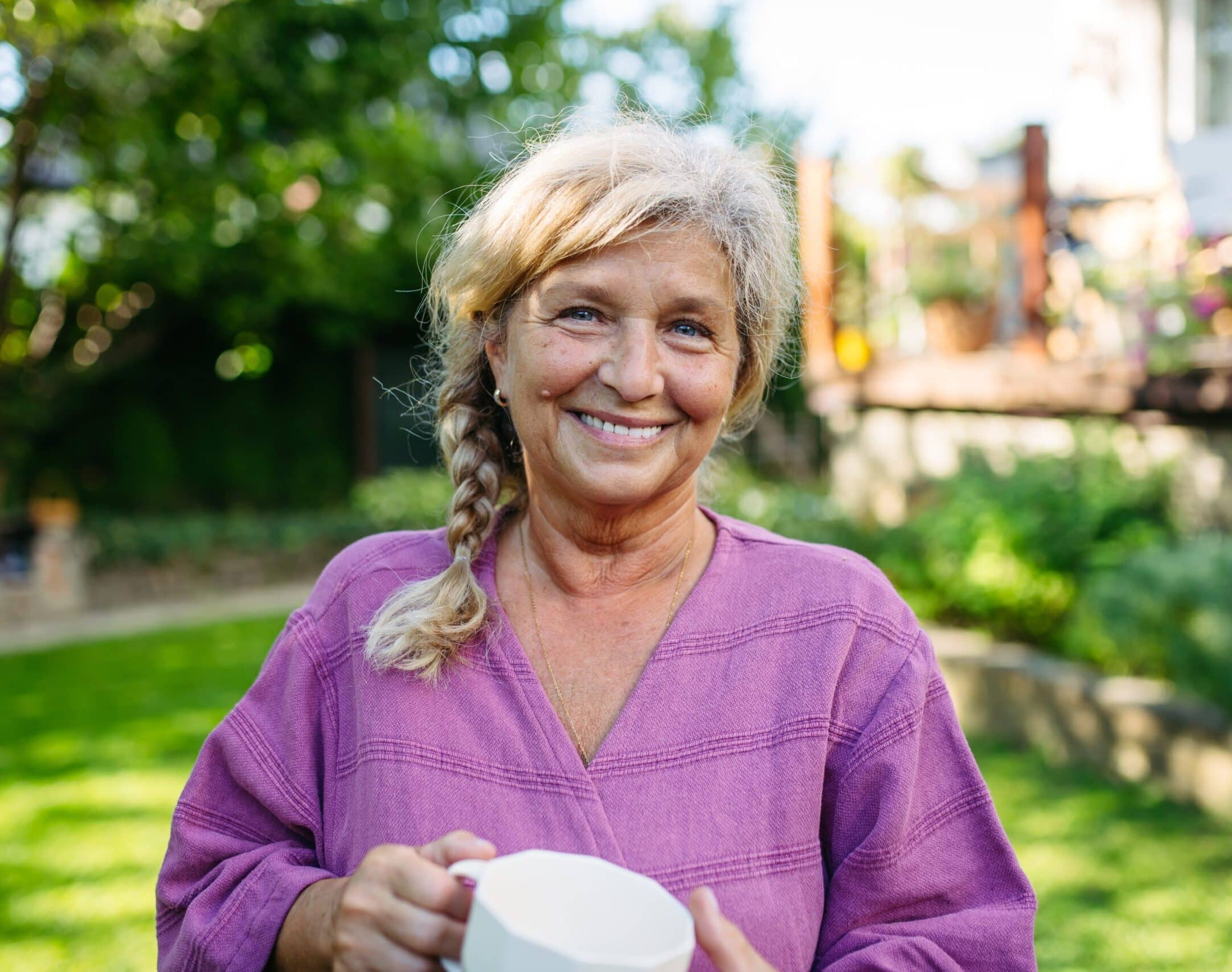 Quiet,Morning,In,Garden,For,Older,Woman.,Self,Ritual,With